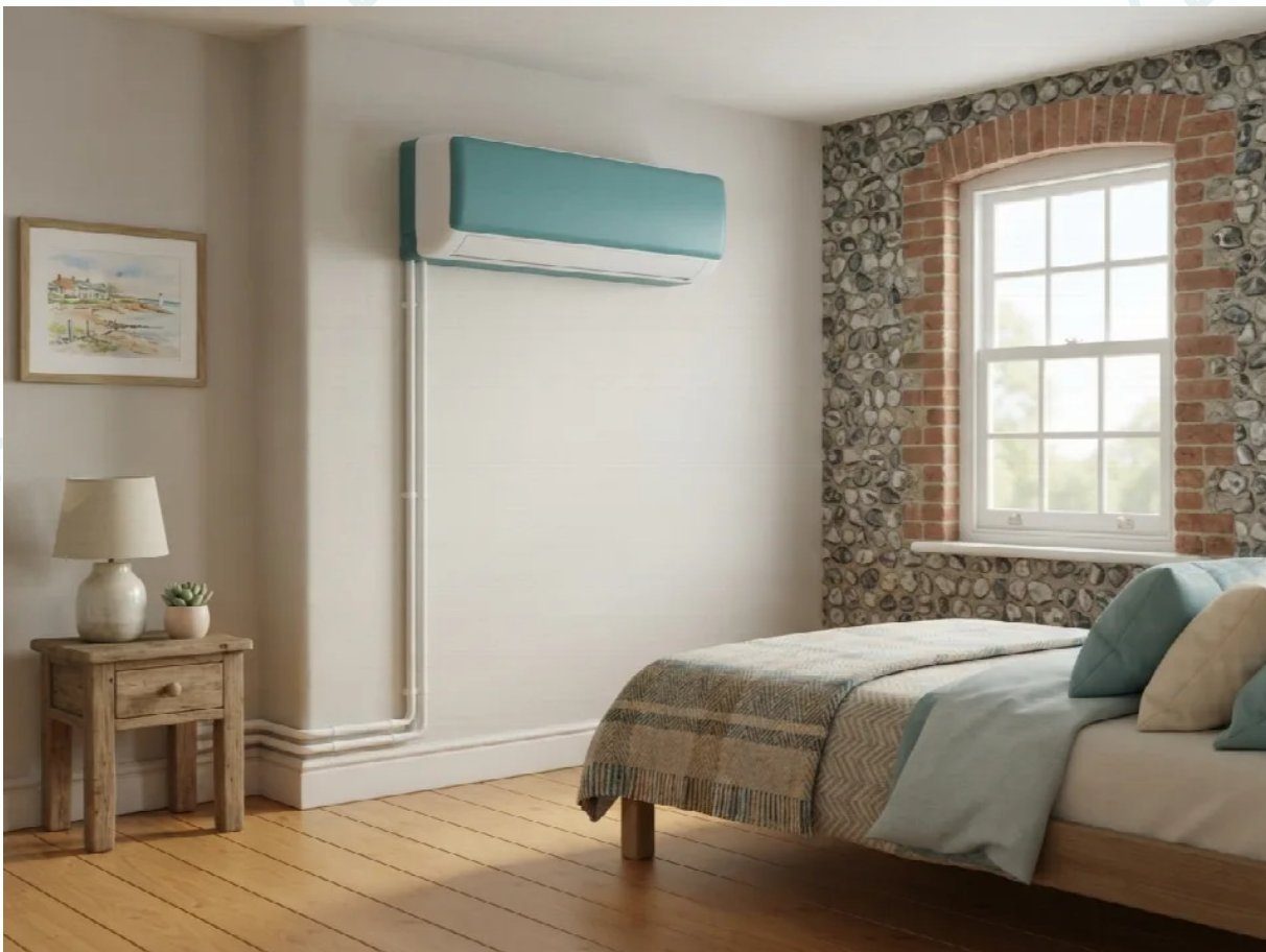 Illustration of a finished wall-mounted air conditioning unit in a bedroom with a brick feature wall