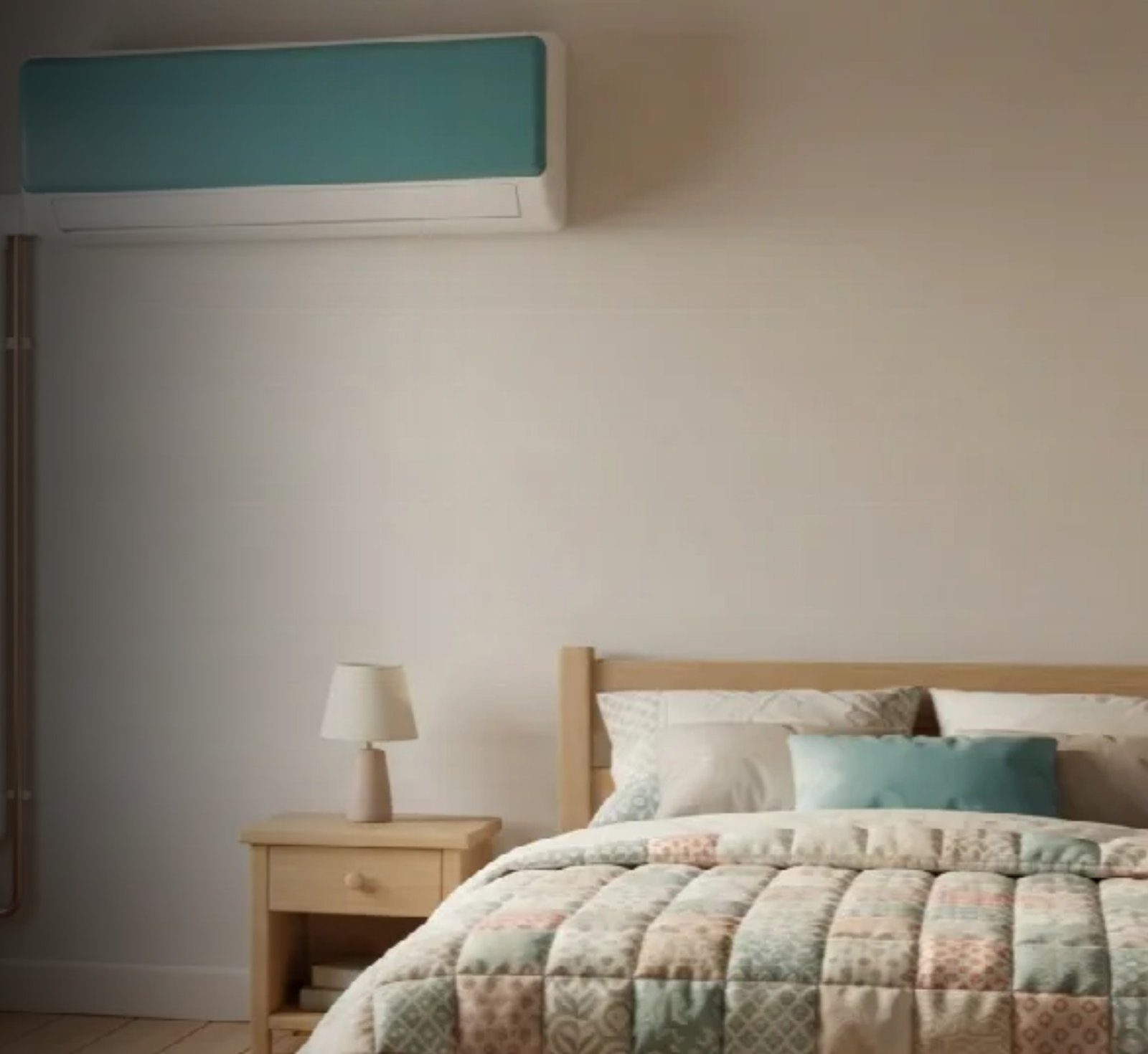 Illustration of a wall-mounted air conditioning unit above a bed in a bright bedroom